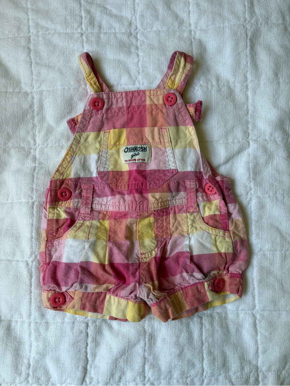 Vintage OshKosh B'gosh Pink Yellow Plaid Baby Girls' Cotton Shortalls 6 Months
